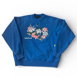 Teddy Fresh size S Vibrant Blue Flower Embroidered Raglan Knit Collar Sweatshirt